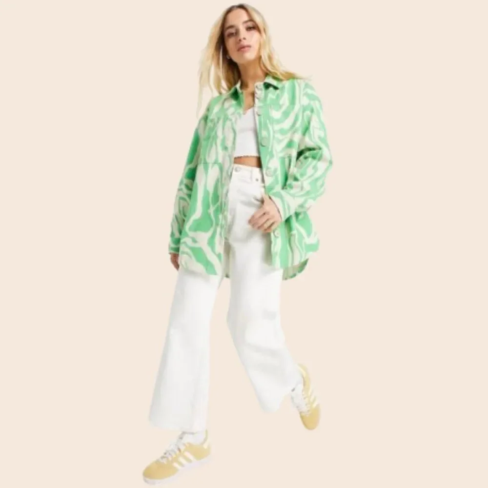 Monki Cotton Twill Swirl Print Shirt in Green Size Small - Picture 2 of 13
